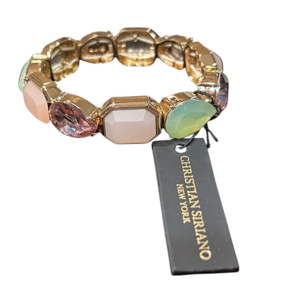 NWT Christian Siriano Gold Pink Iridescent‎ Gem Glass Stone Stretchy Bracelet!!